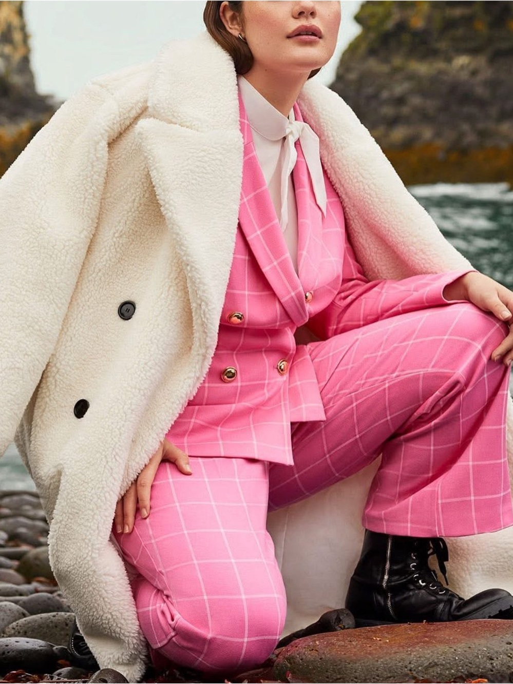 Eloquii Pink Windowpane Plaid Double-Breasted Suit Pants & Jacket Set